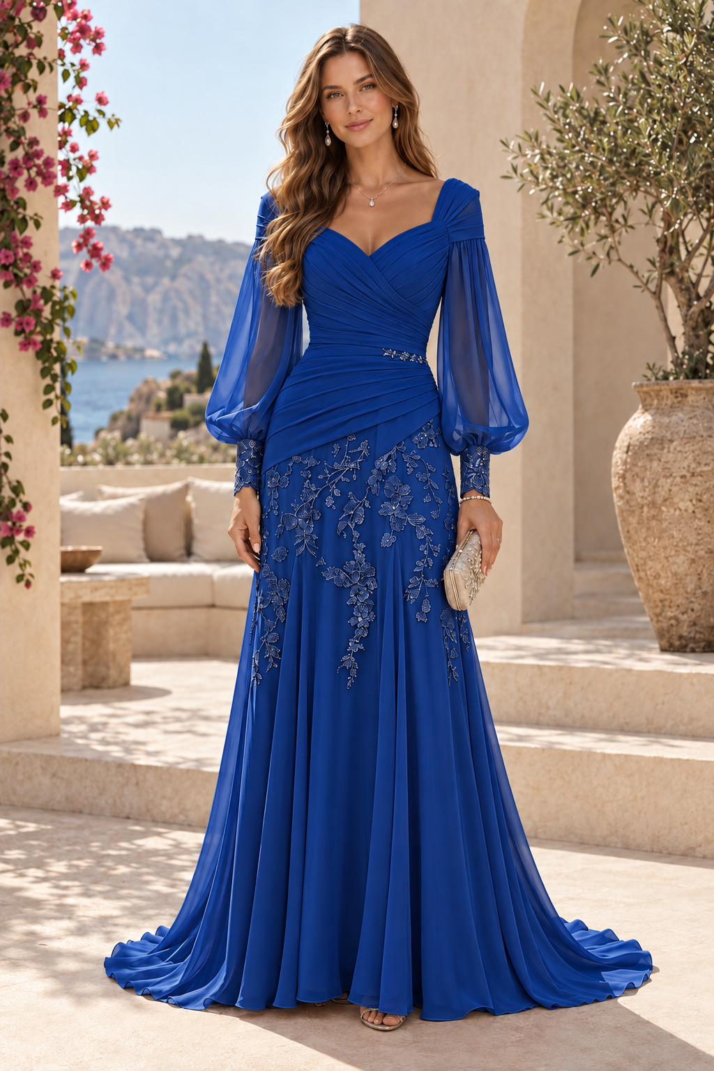 Ruched V-Neck Gown with Bishop Sleeves and Lace