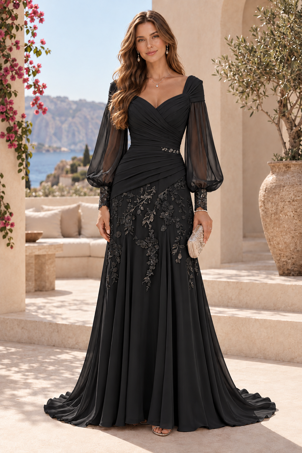 Ruched Bodice Bishop Sleeve Lace Applique Gown