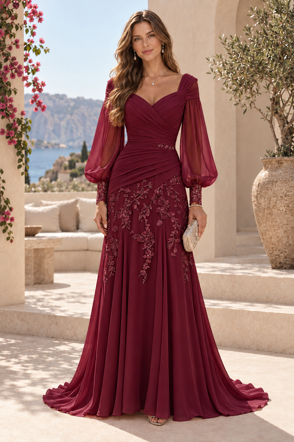 Ruched V-Neck Gown with Bishop Sleeves and Lace