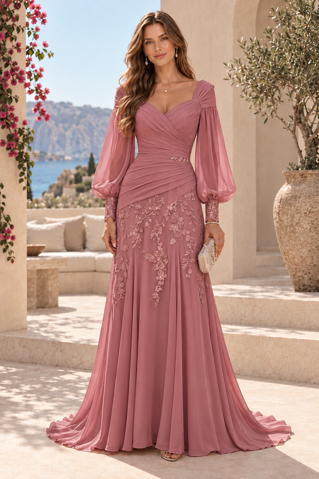 Ruched V-Neck Gown with Bishop Sleeves and Lace