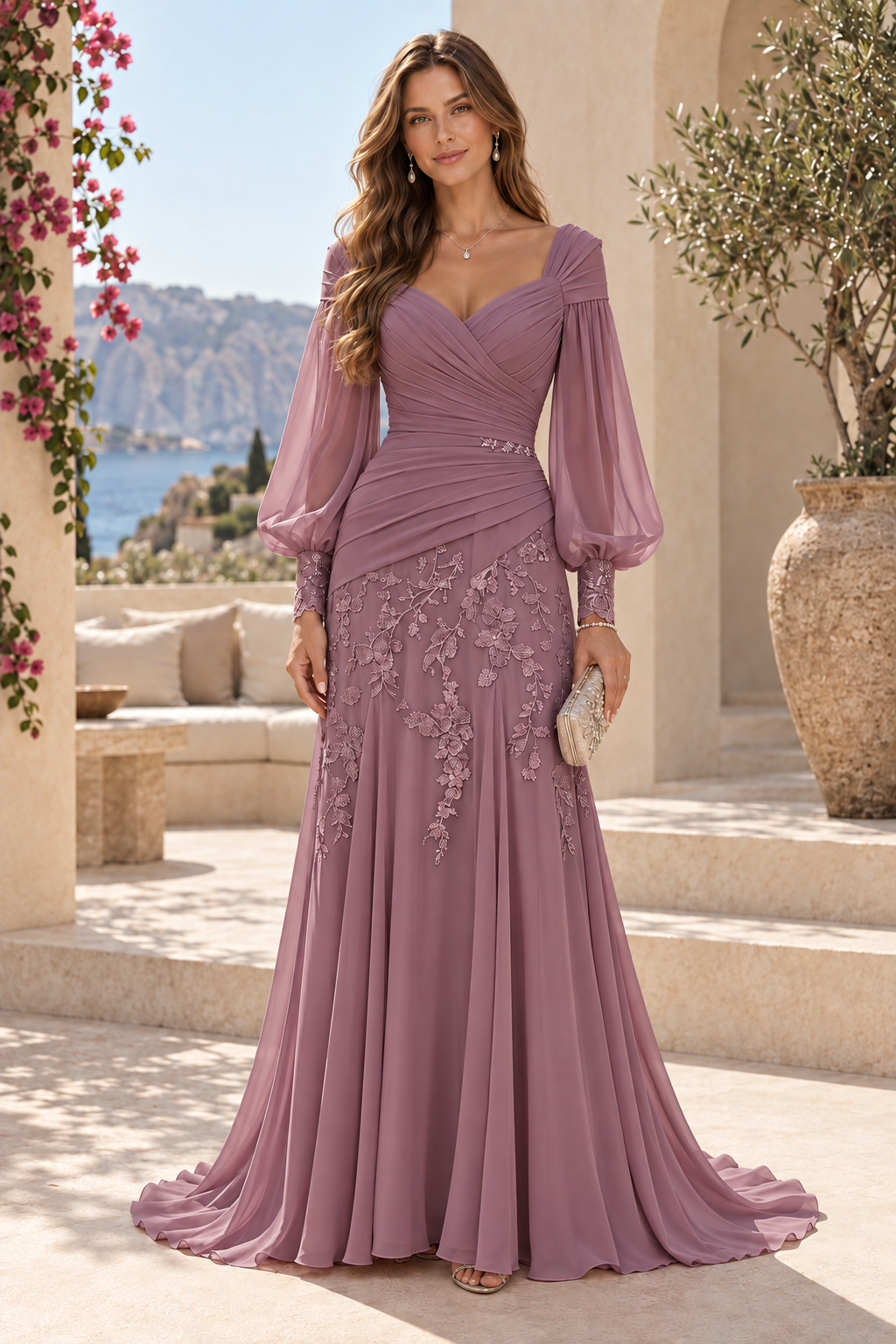 Ruched Bodice Bishop Sleeve Lace Applique Gown