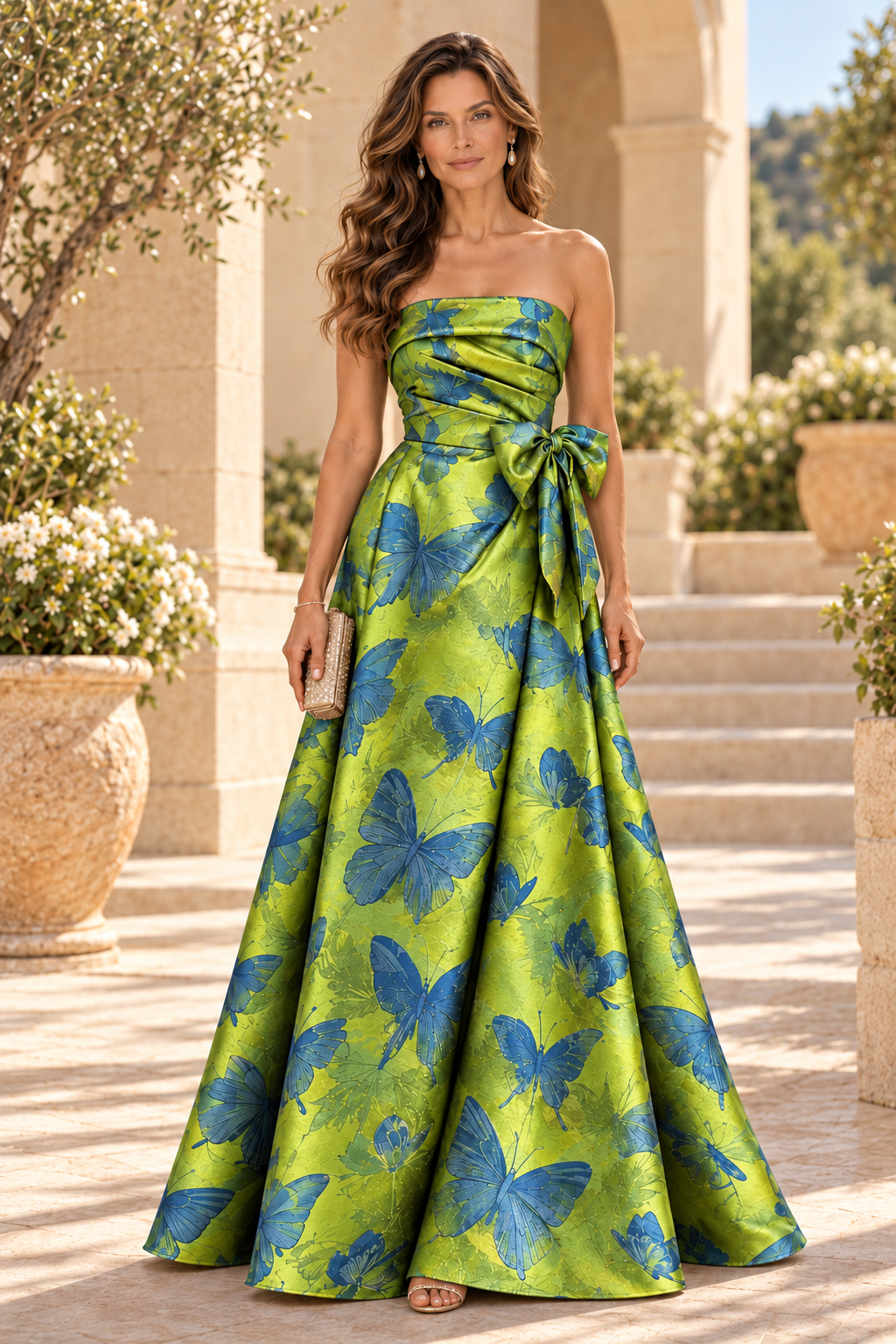 Strapless Butterfly Jacquard A-Line Gown