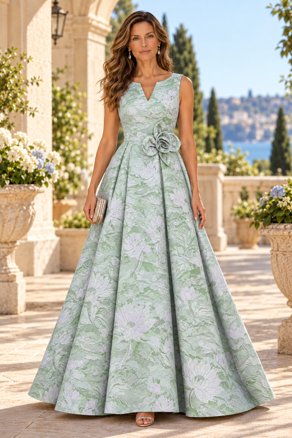 Floral Jacquard A-Line Gown with 3D Flower