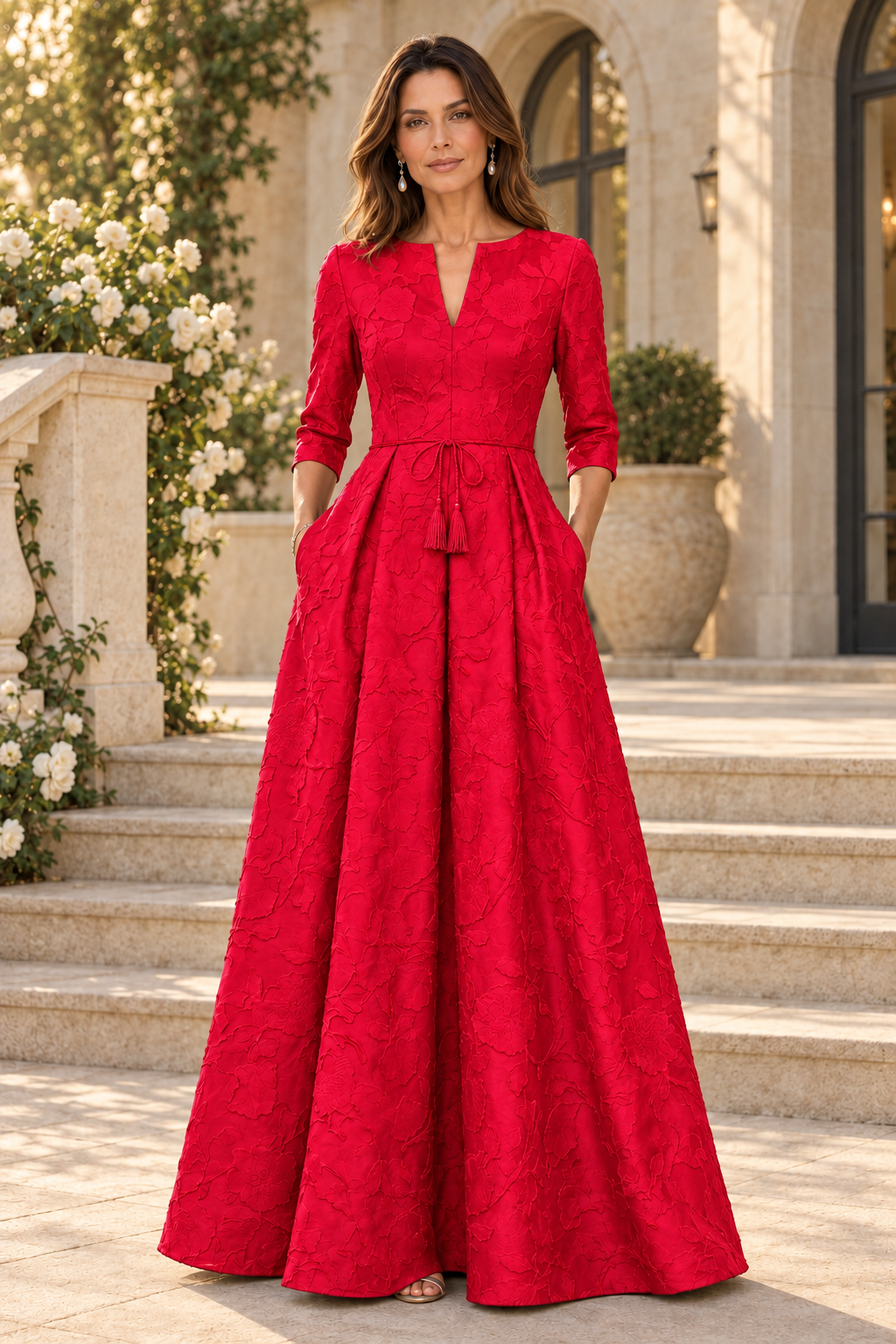 Jacquard A-Line Gown with 3/4 Sleeves
