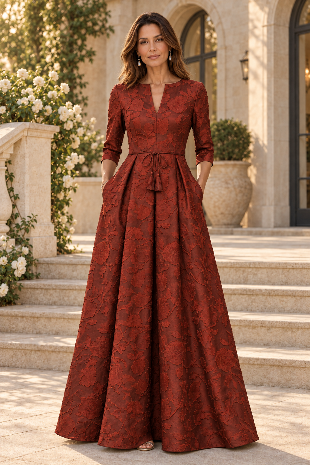Jacquard A-Line Gown with 3/4 Sleeves