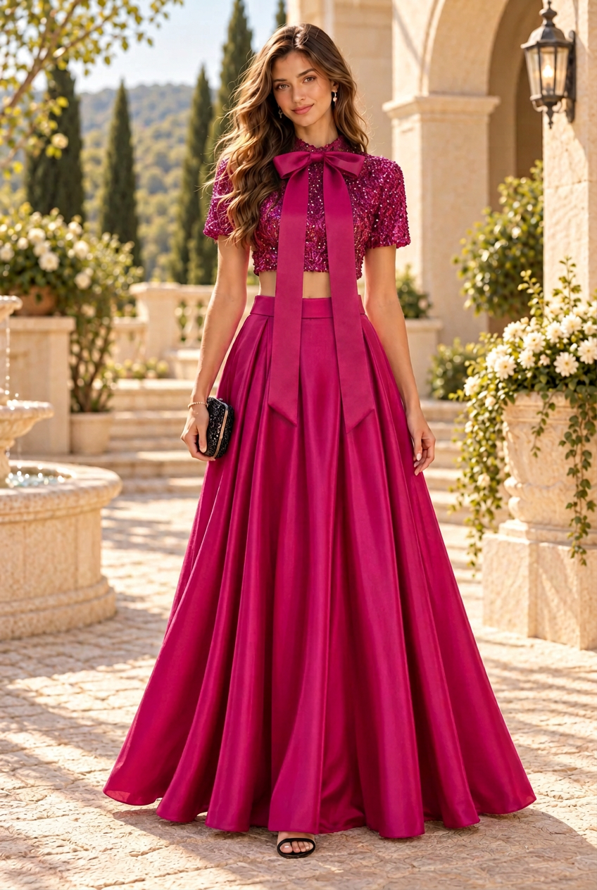 Sequin Crop Top Gown with Dual Slit Skirt