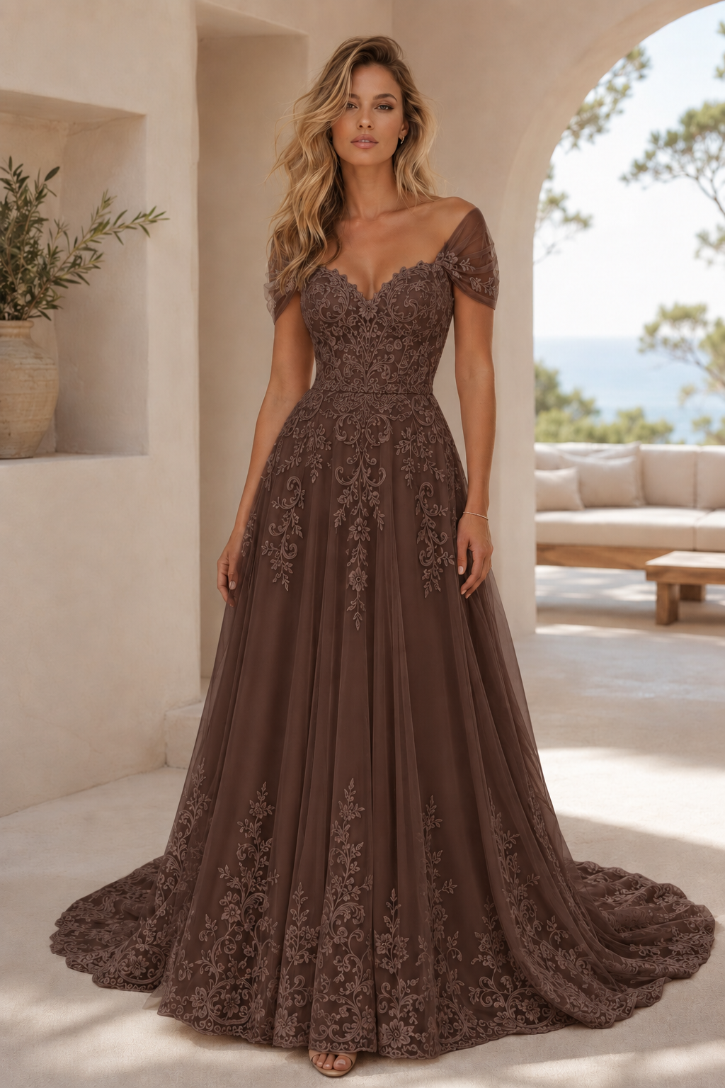 Vestido de novia de corte A con apliques de encaje y escote Bardot