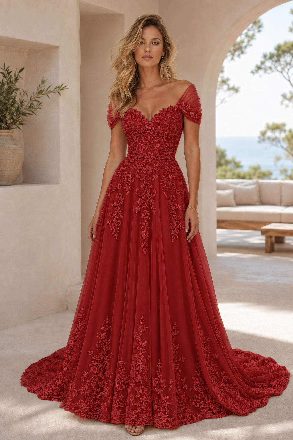 Vestido de novia de corte A con apliques de encaje y escote Bardot