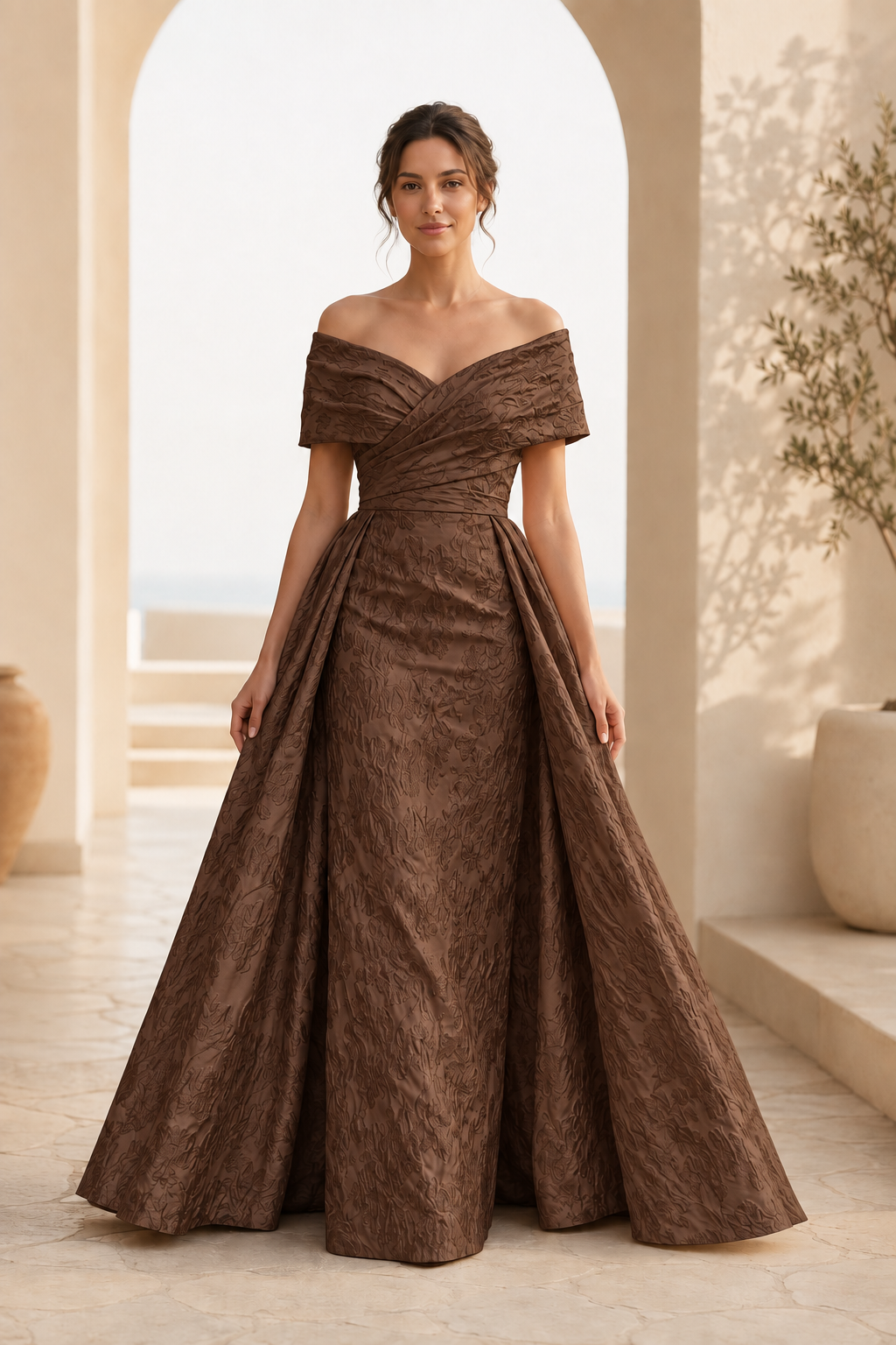 Vestido de jacquard con escote Bardot y falda en A, con corpiño plisado