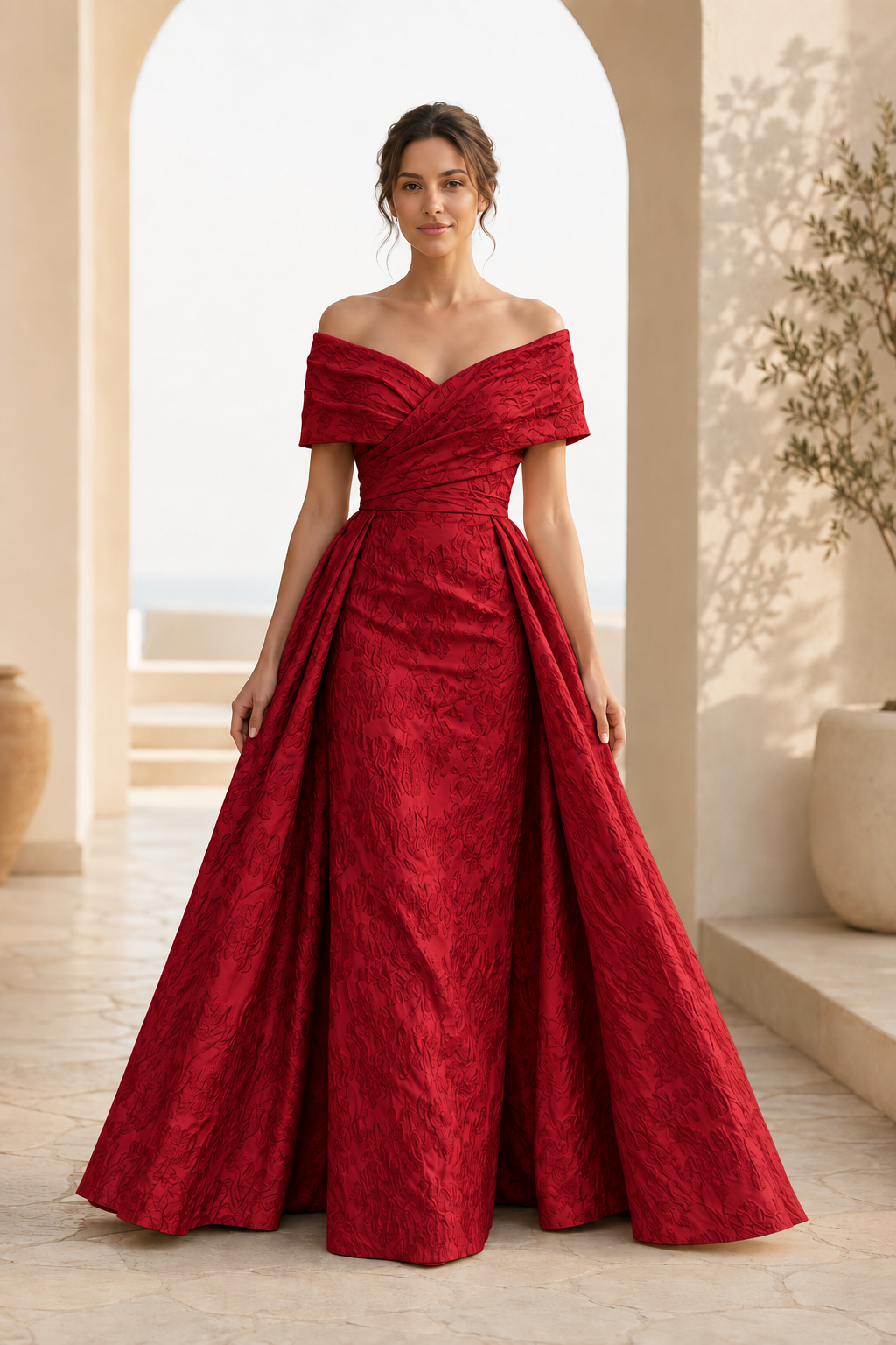 Vestido de jacquard con escote Bardot y falda en A, con corpiño plisado