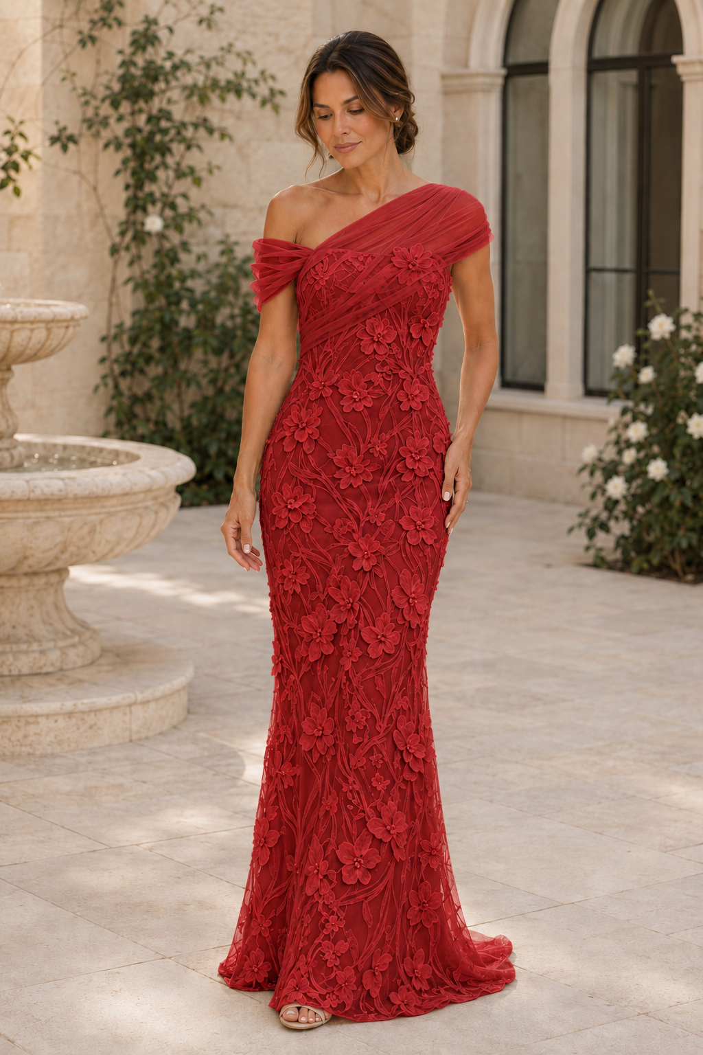 Vestido de noche estilo sirena con encaje floral 3D y un solo hombro