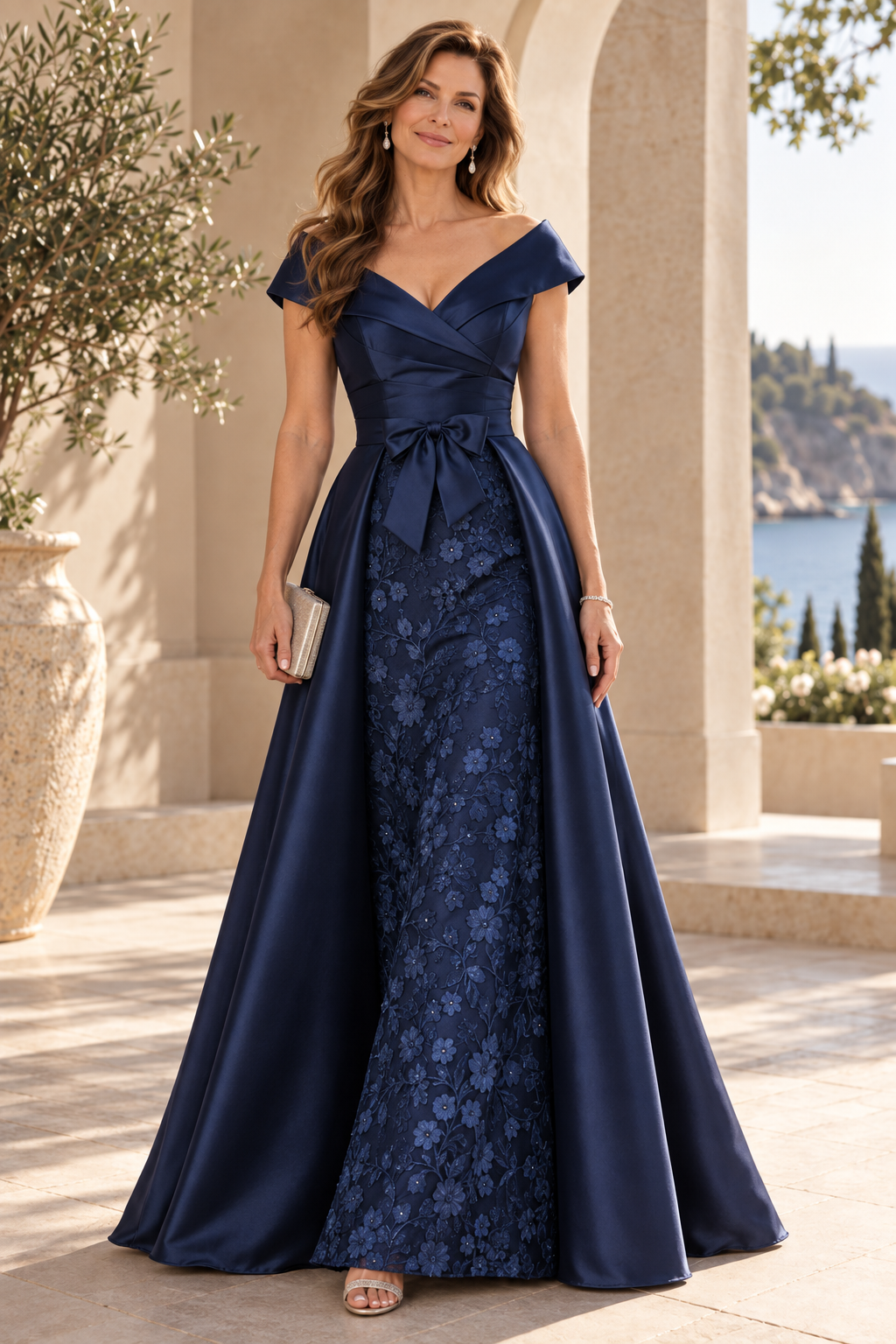 Off-Shoulder Lace Evening Gown with Overskirt