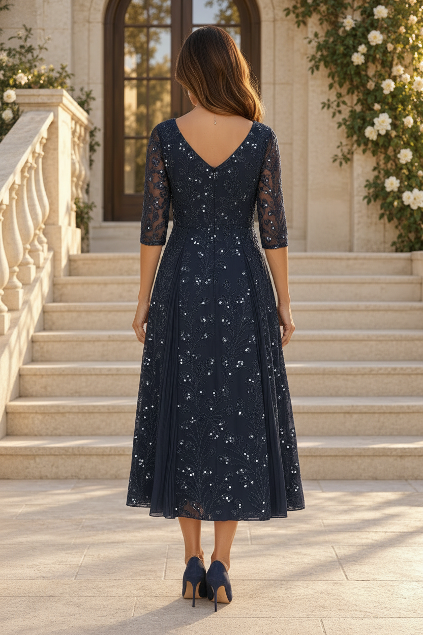 Sequined Tea-Length Dress and Cropped Jacket Set