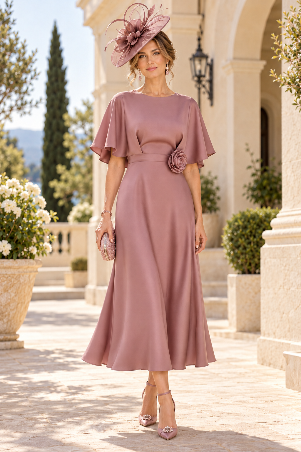 Flutter Sleeve Midi Dress with Rosette Waist