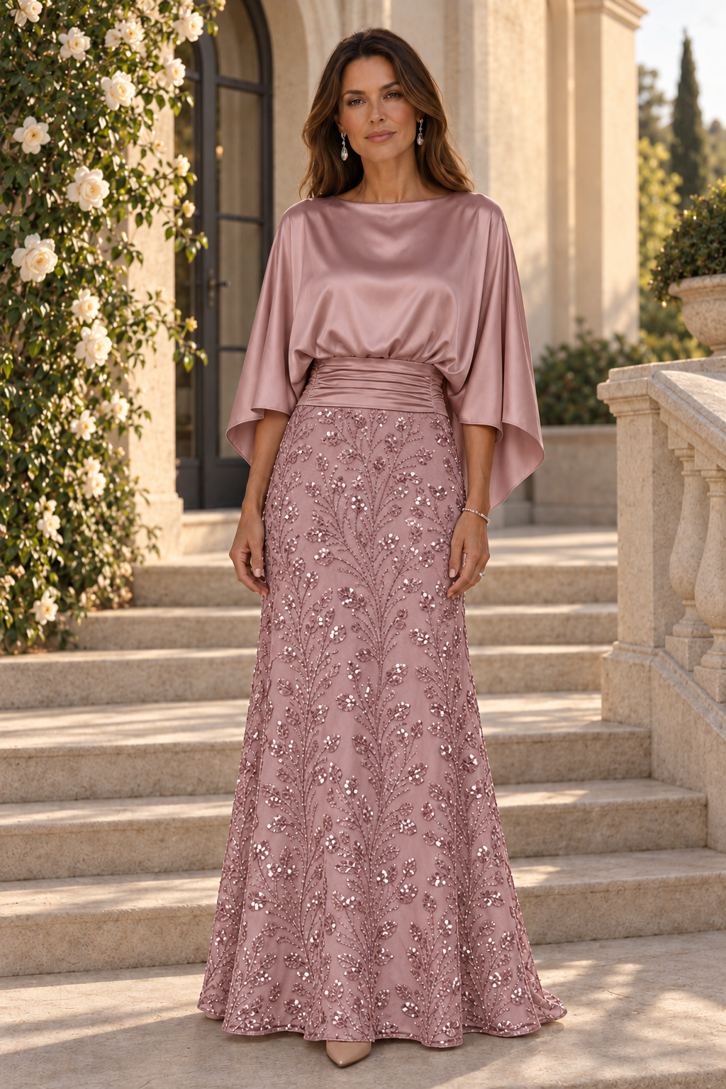 Vestido de raso con cuerpo tipo capelina y falda de lentejuelas
