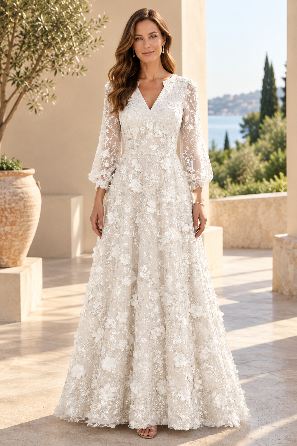 Vestido Largo de Novia Corte A de Encaje de Manga Larga con Aplicaciones Florales 3D