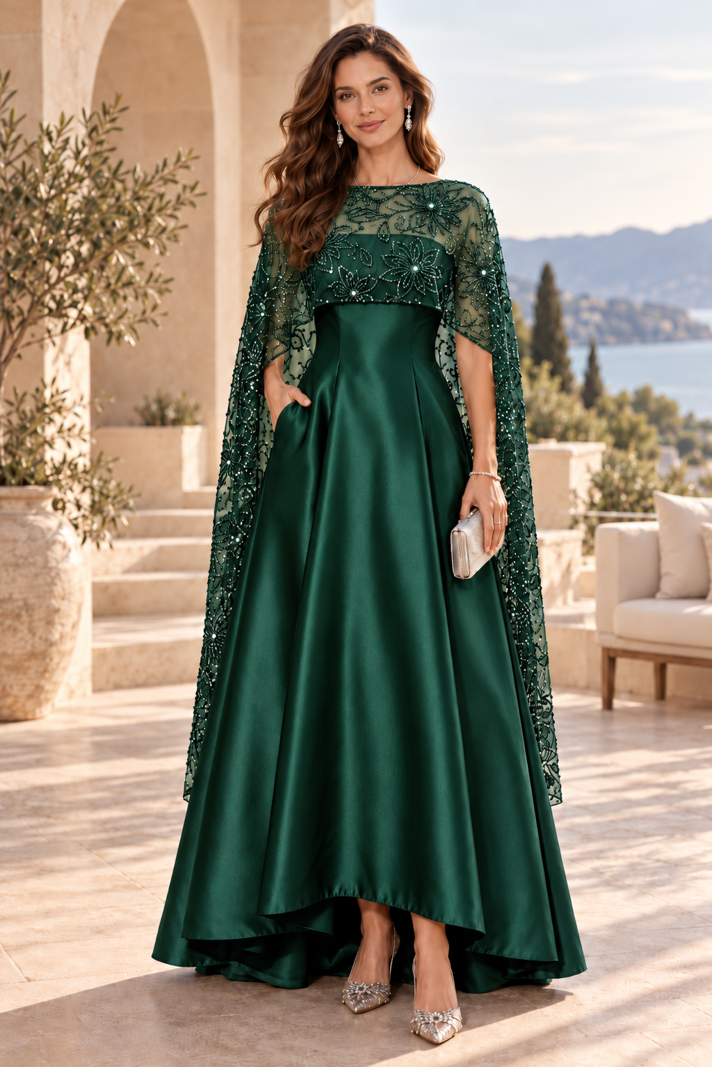 A-Line High-Low Gown with Floral Sequin Cape