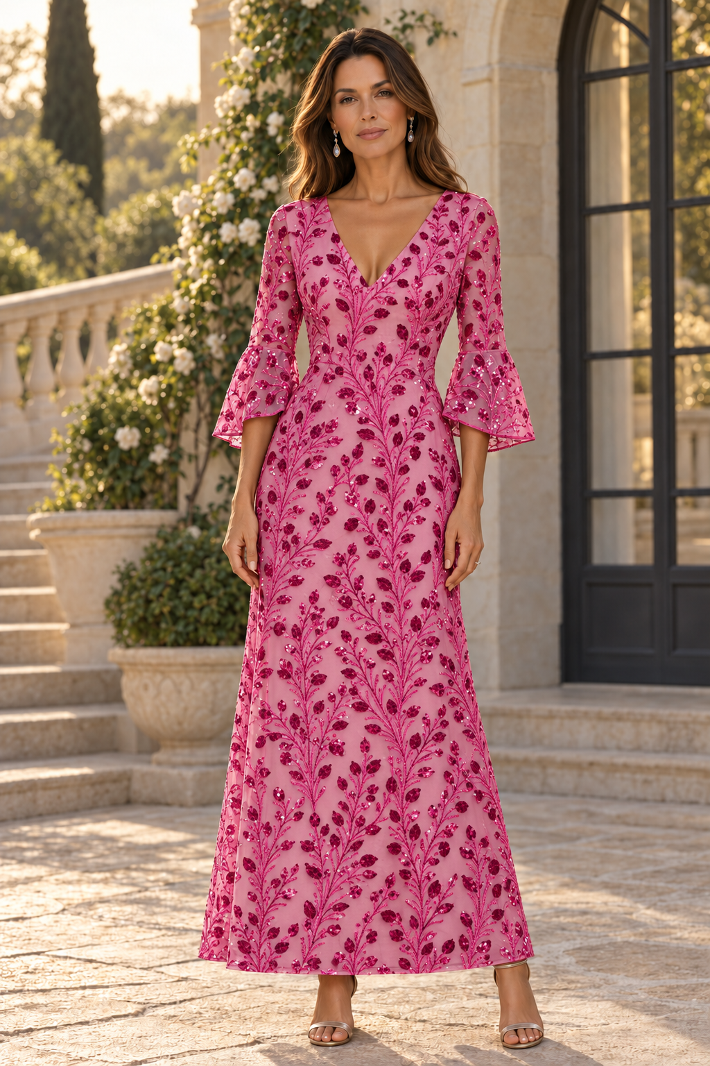 Vestido Largo con Lentejuelas, Mangas Acampanadas, Cuello en V y Corte A