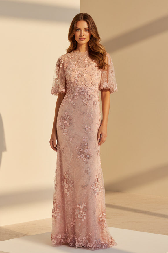 Vestido de noche con mangas de volantes y apliques florales en 3D