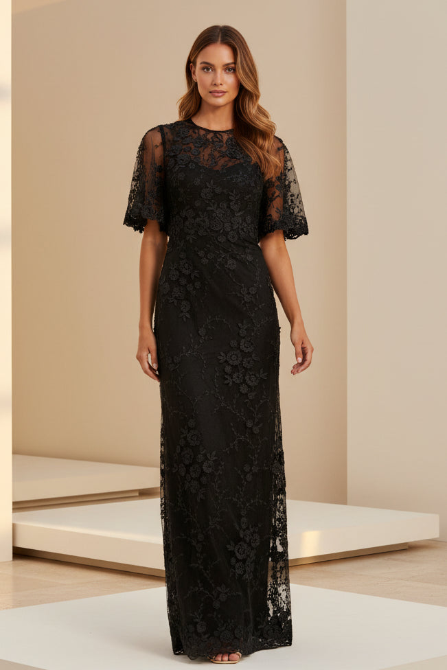 Vestido de noche con mangas de volantes y apliques florales en 3D