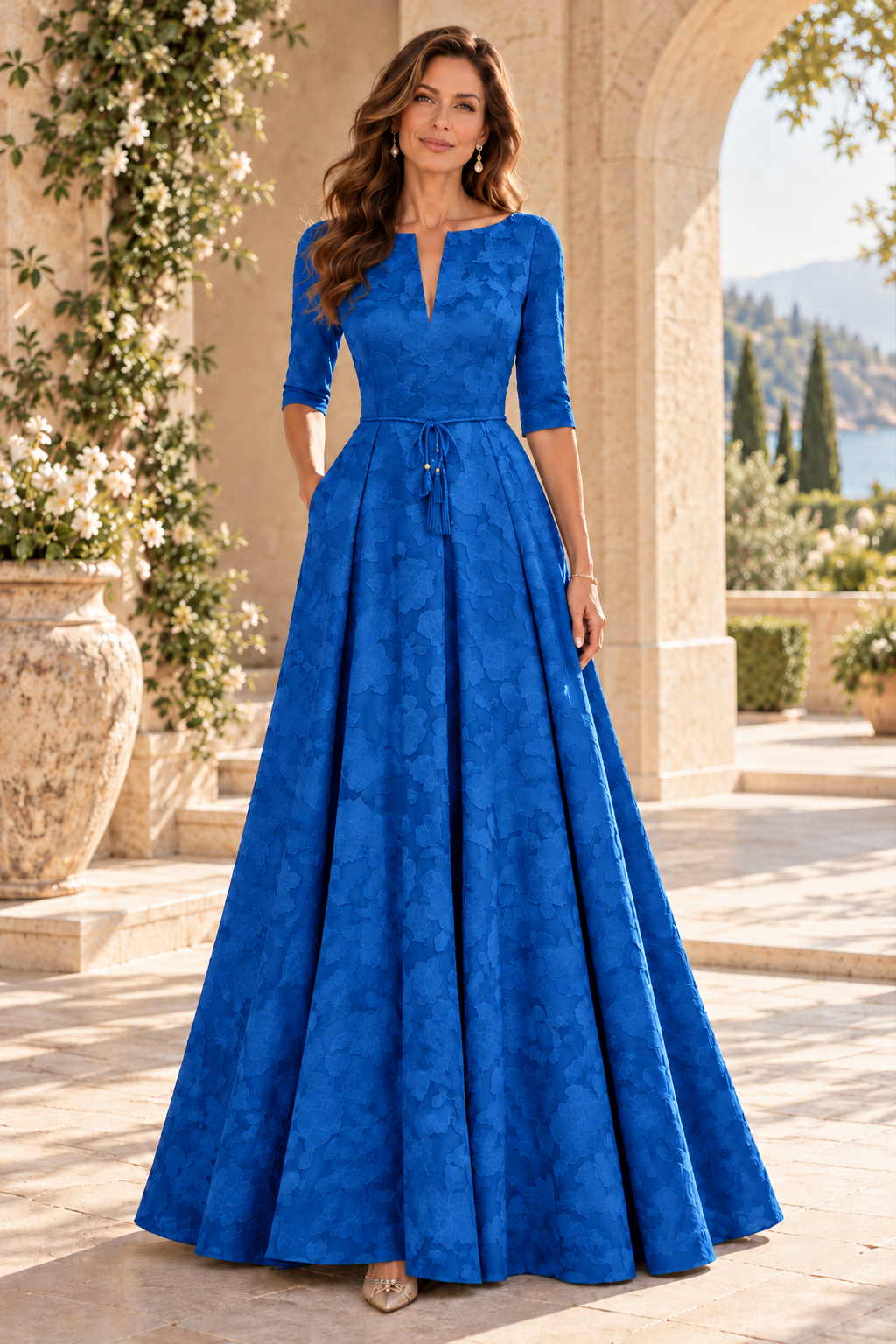Jacquard A-Line Gown with Slit Neckline & 3/4 Sleeves