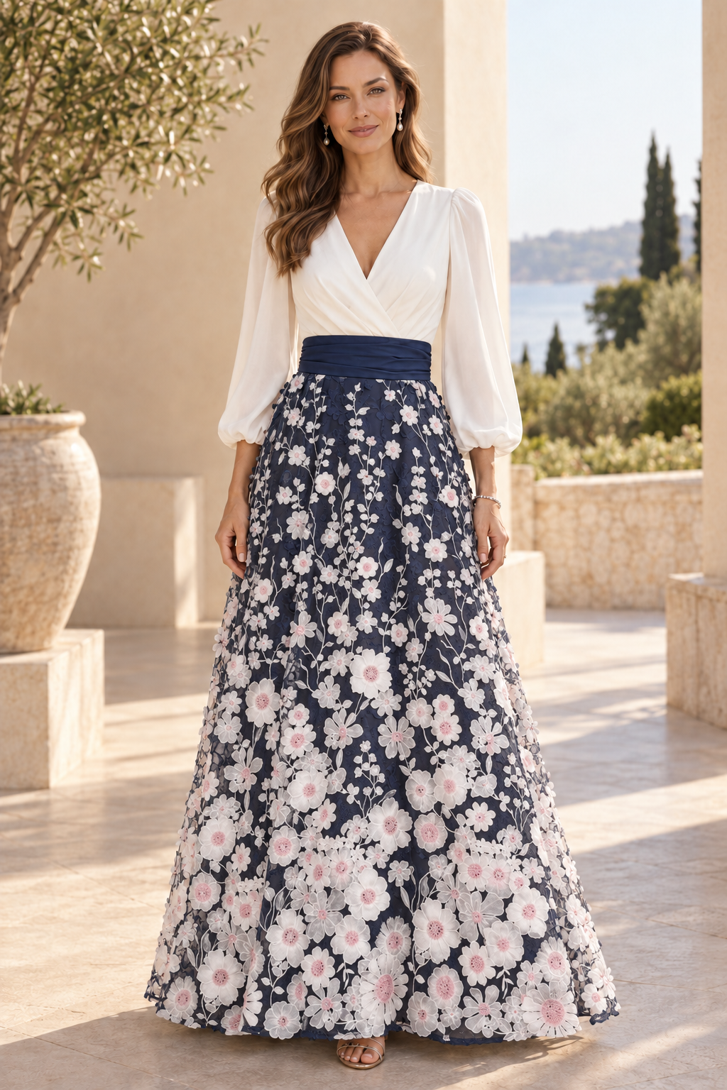 V-Neck Long Sleeve 3D Floral Applique Gown