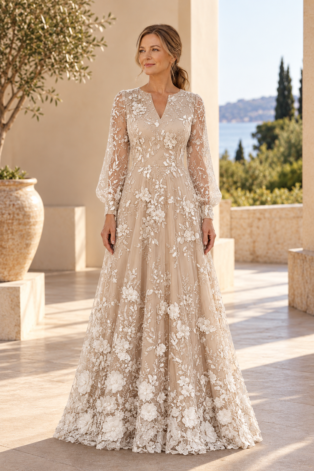 Vestido Largo de Novia Corte A de Encaje de Manga Larga con Aplicaciones Florales 3D