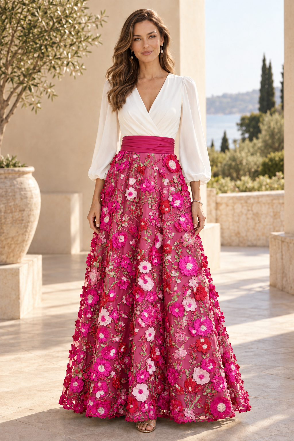 V-Neck Long Sleeve 3D Floral Applique Gown