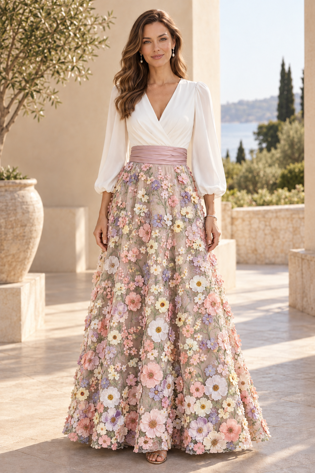 V-Neck Long Sleeve 3D Floral Applique Gown