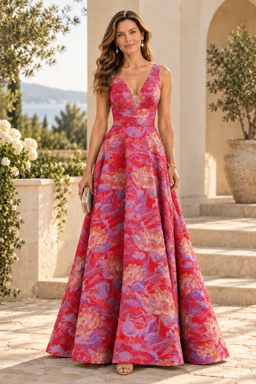 Floral Jacquard V-Neck A-Line Gown