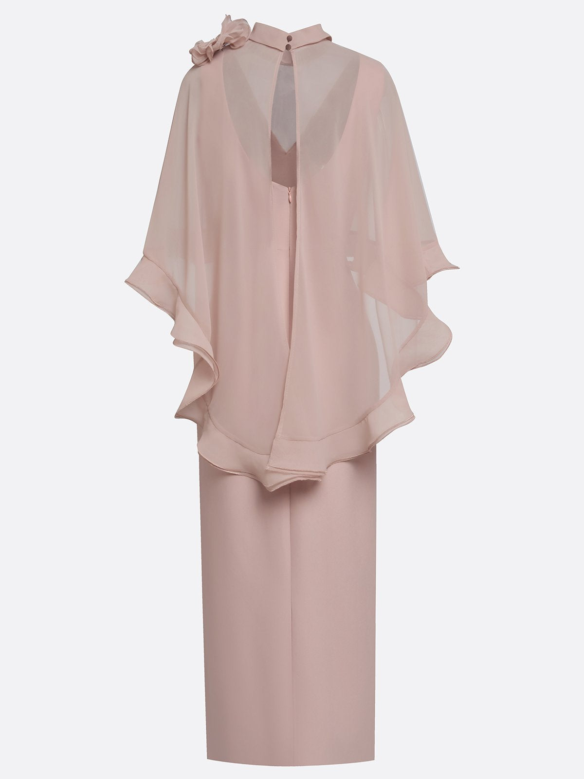 High Neck Cape Sleeve Column Gown with Floral Accent