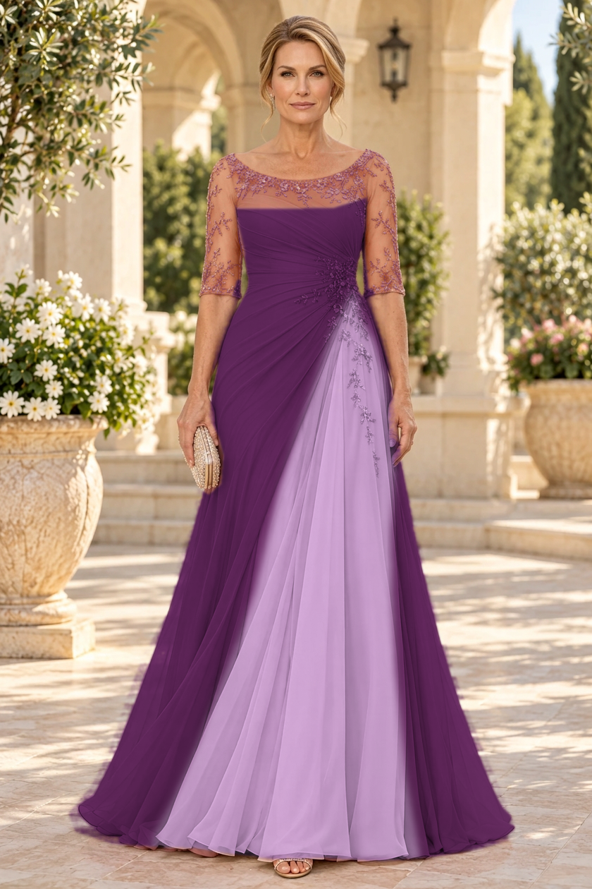 Ruched A-Line Gown with Floral Appliques