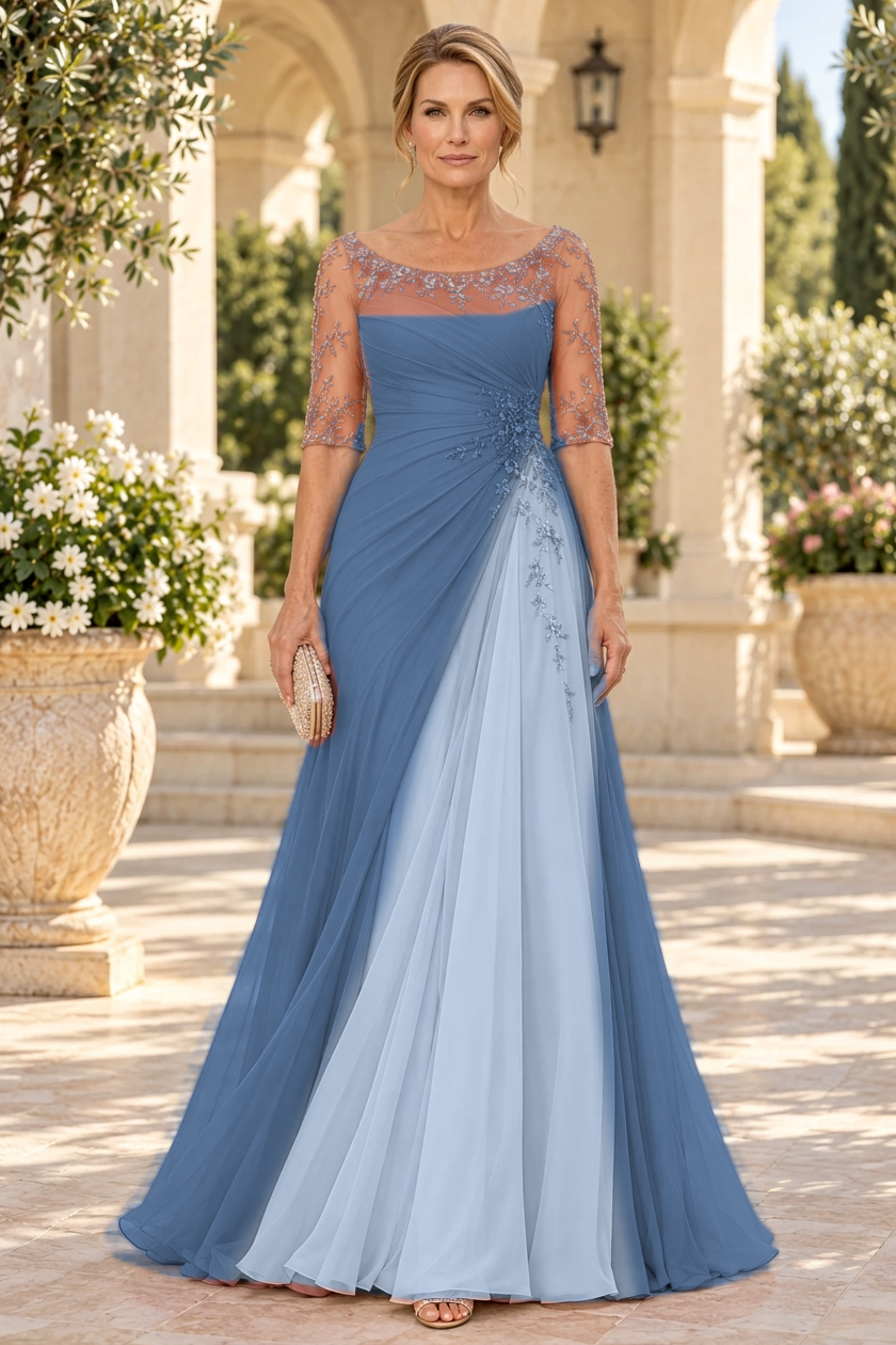 Ruched A-Line Gown with Floral Appliques