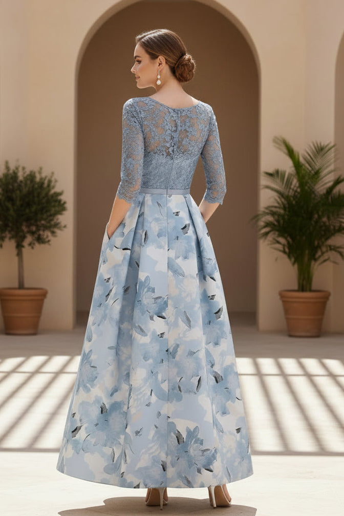 Vestido de Noche Formal Acampanado con Corpiño de Encaje Floral y Bolsillos
