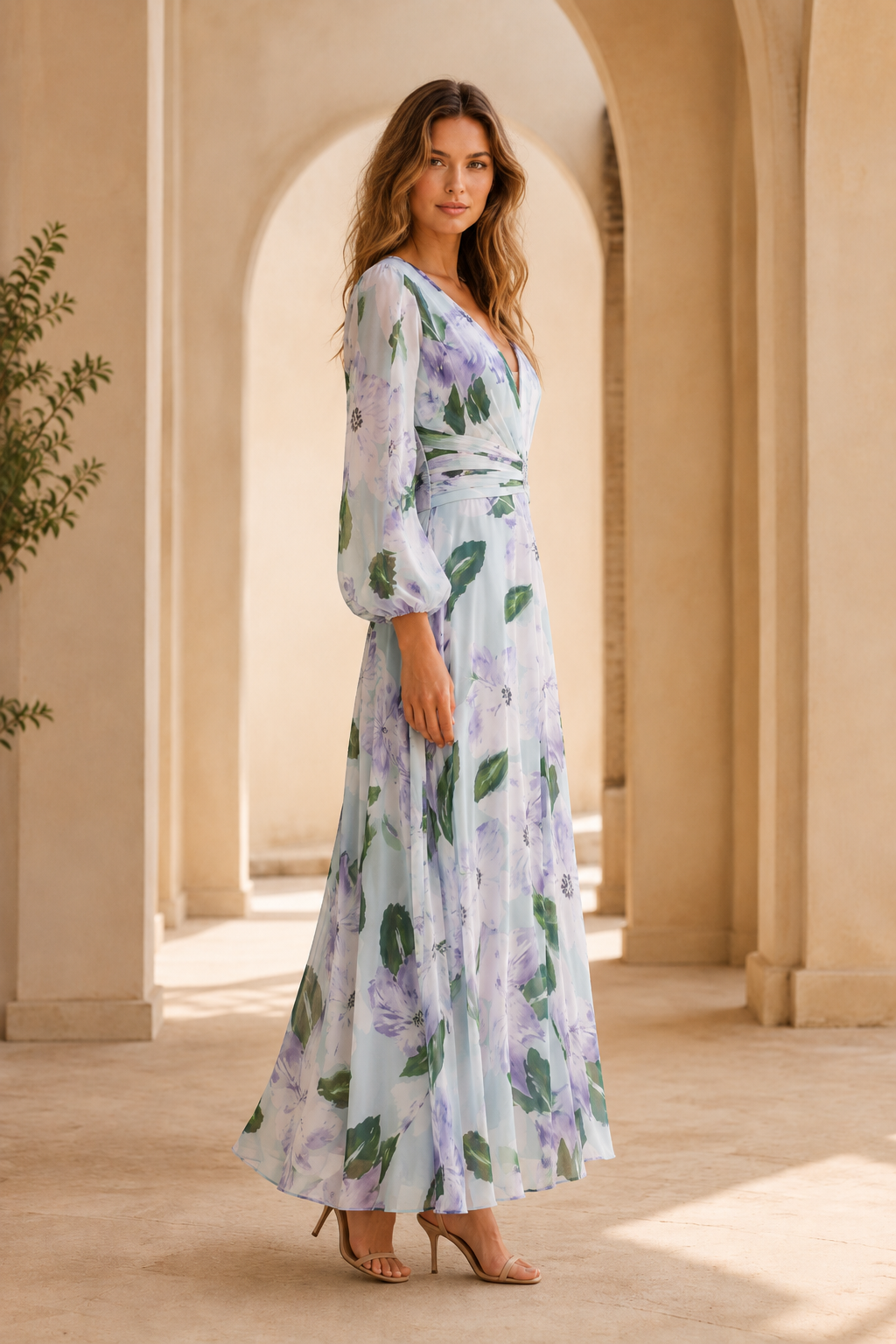 Vestido largo con estampado floral, cuello en V y manga larga