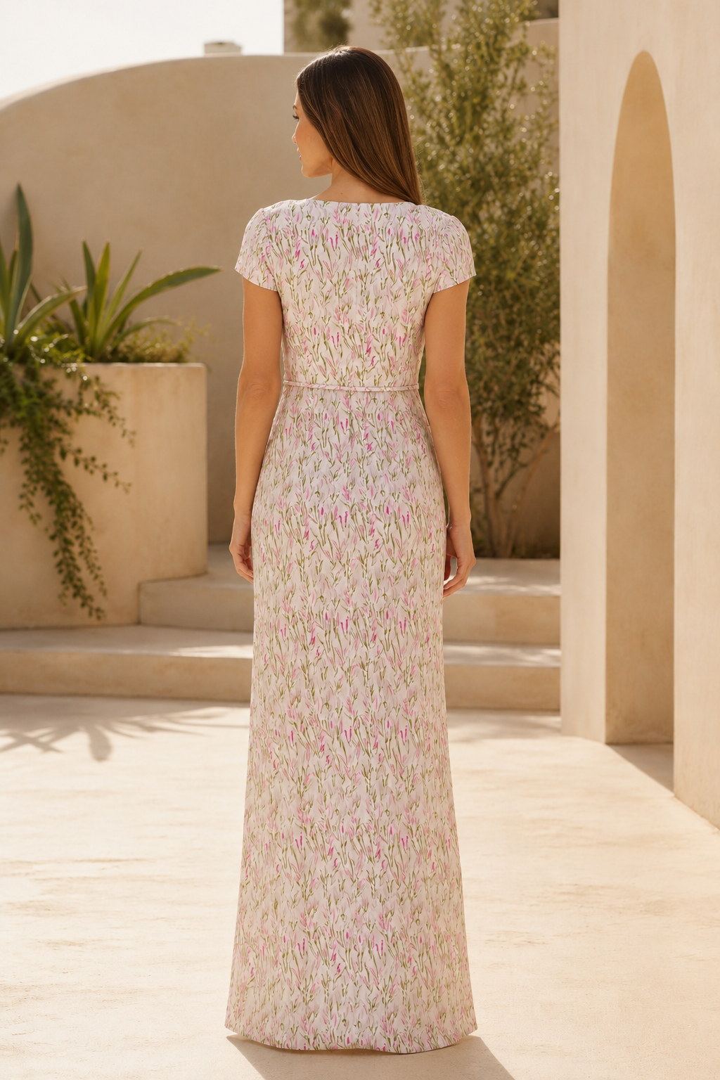 Vestido largo con estampado floral, escote corazón y manga casquillo