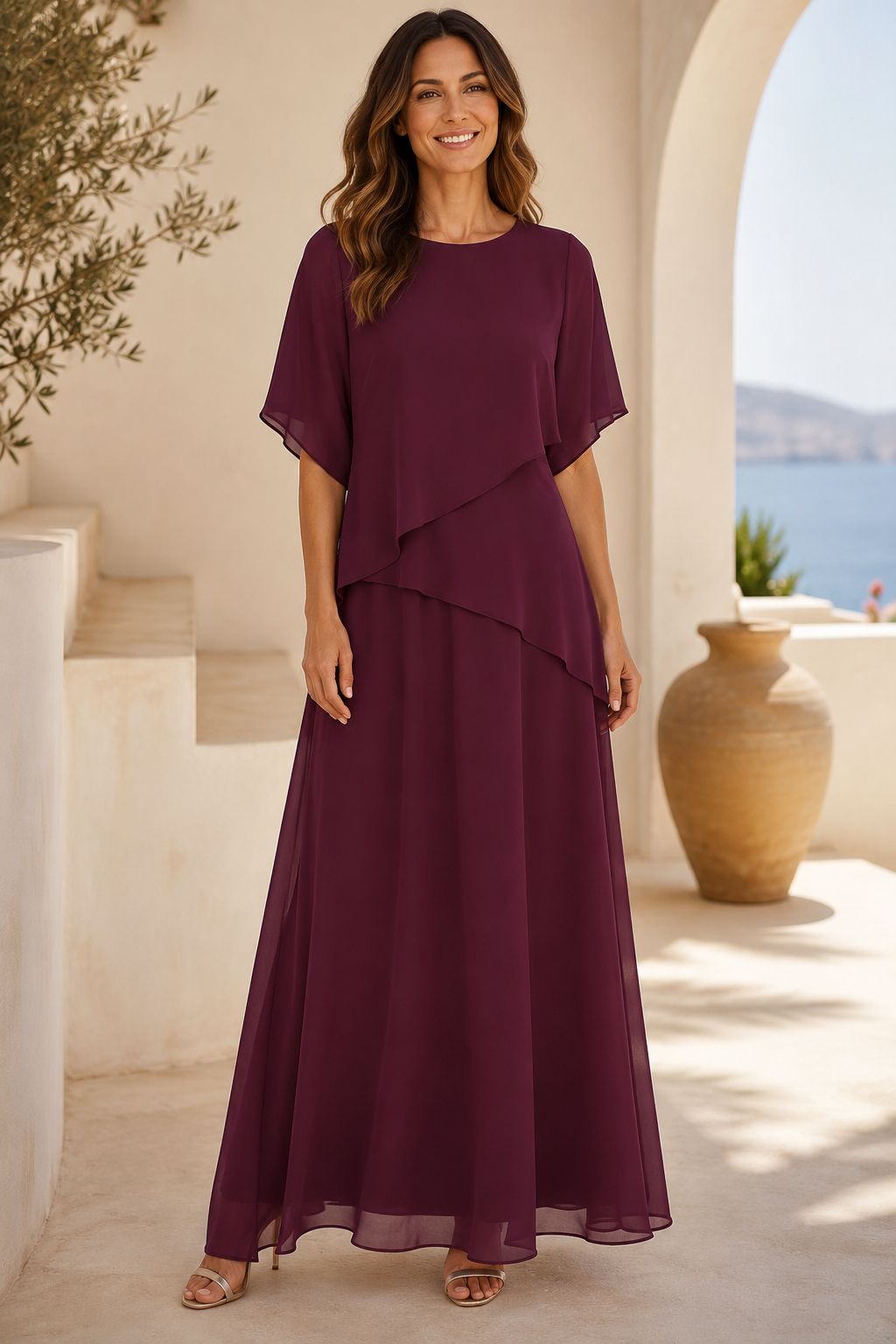 Vestido largo de gasa con volantes en capas y manga mariposa