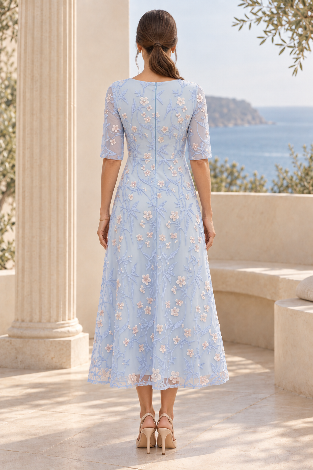 Floral 3D Appliqué A-Line Midi Dress