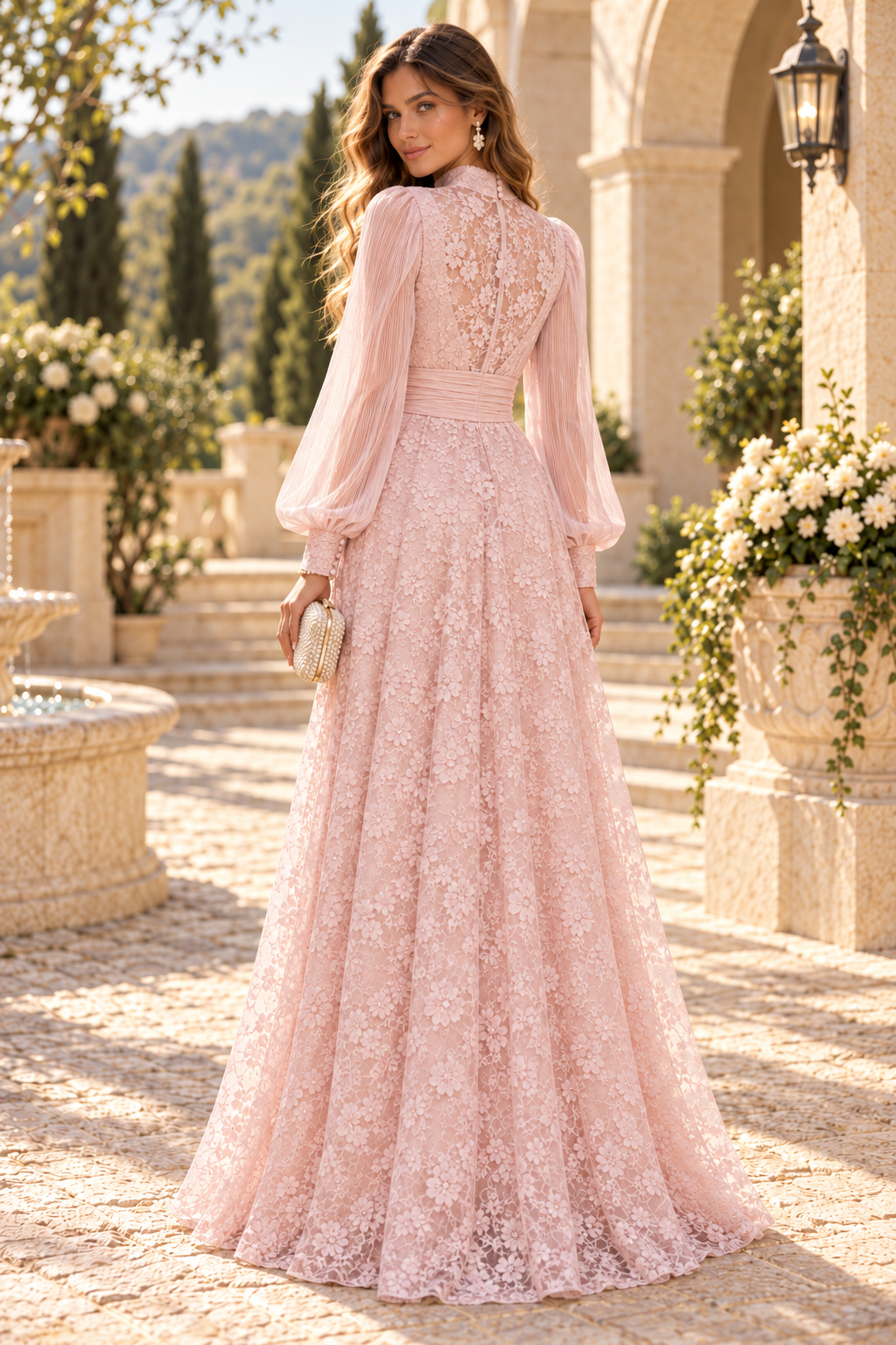 High Neck Lace Gown with Pleated Bishop Sleeves