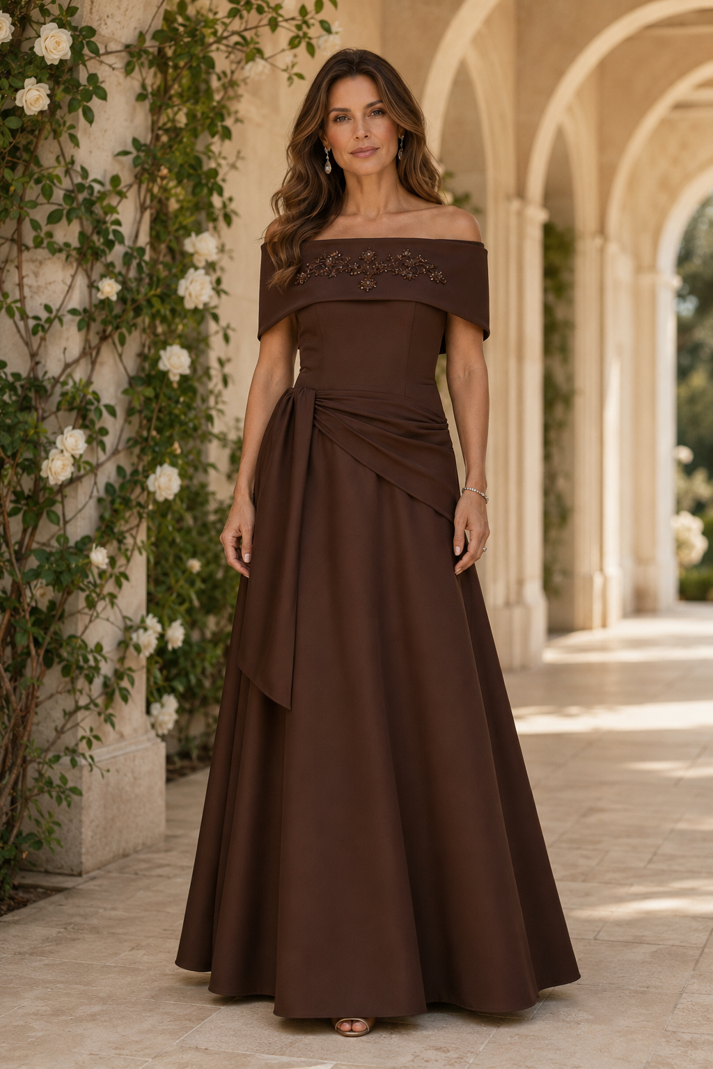 Vestido largo de corte en A, con hombros descubiertos, drapeado y con pedrería