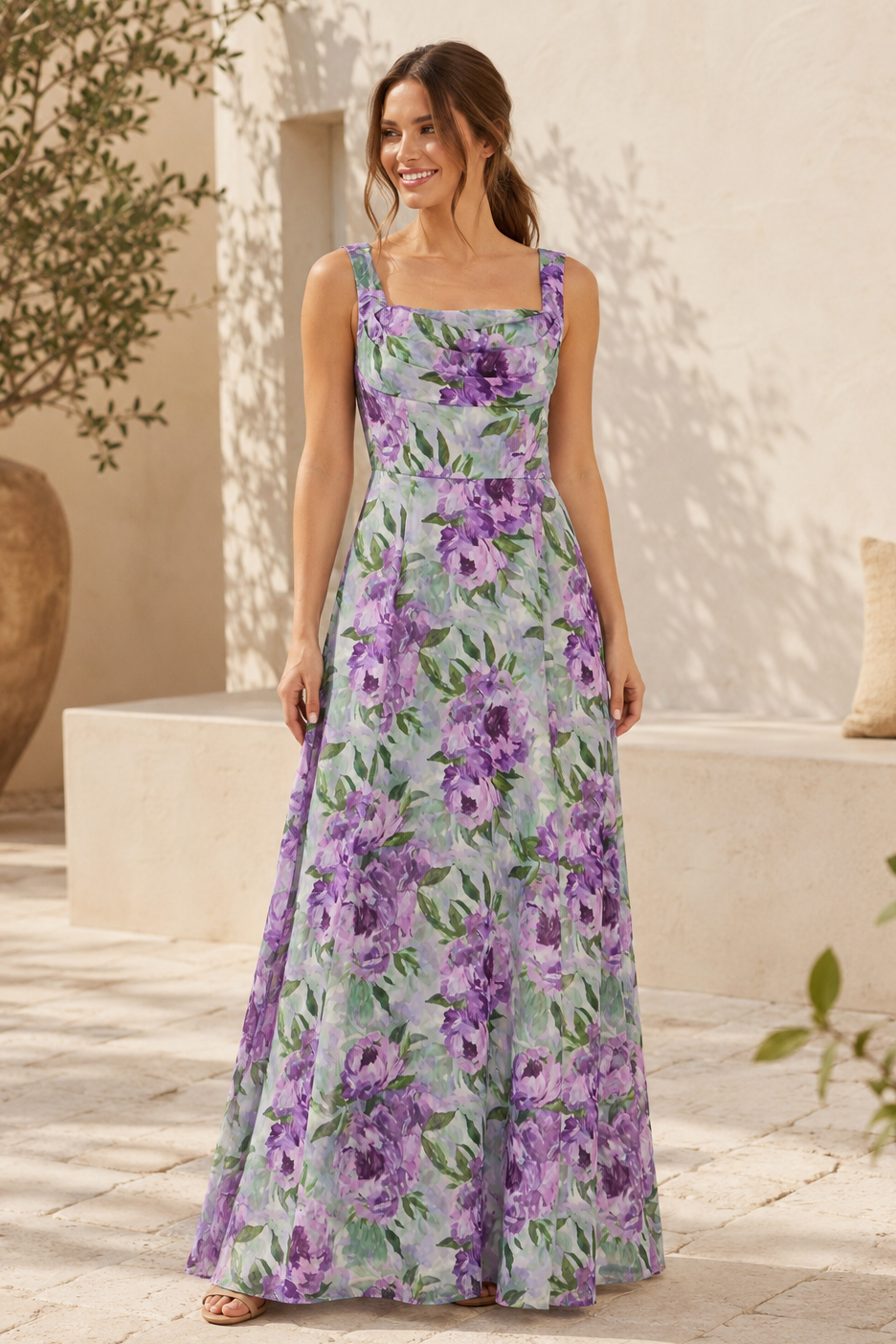 Vestido maxi de corte A con escote cuadrado y estampado floral