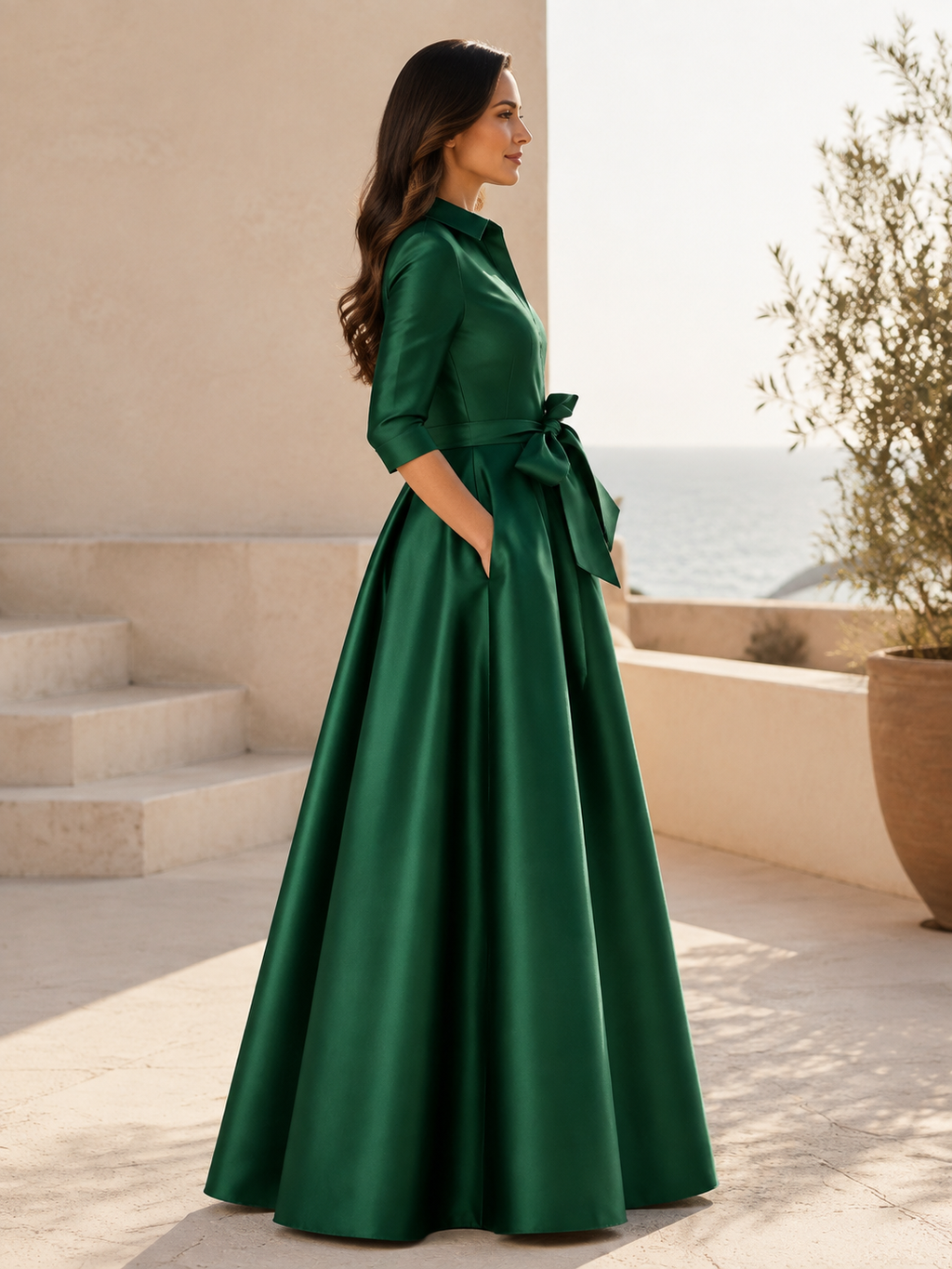 Vestido de Noche Camisero de Satén Esmeralda con Cinturón Anudado a la Cintura