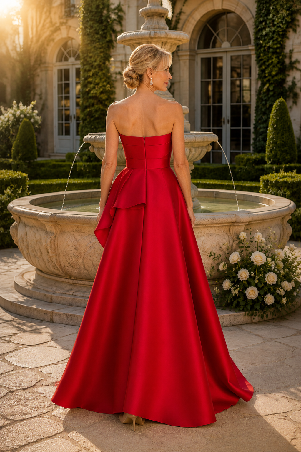 Vestido de gala de satén con peplum, escote palabra de honor y corte en A