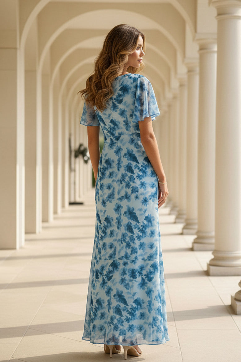 Vestido largo de gasa floral con mangas mariposa