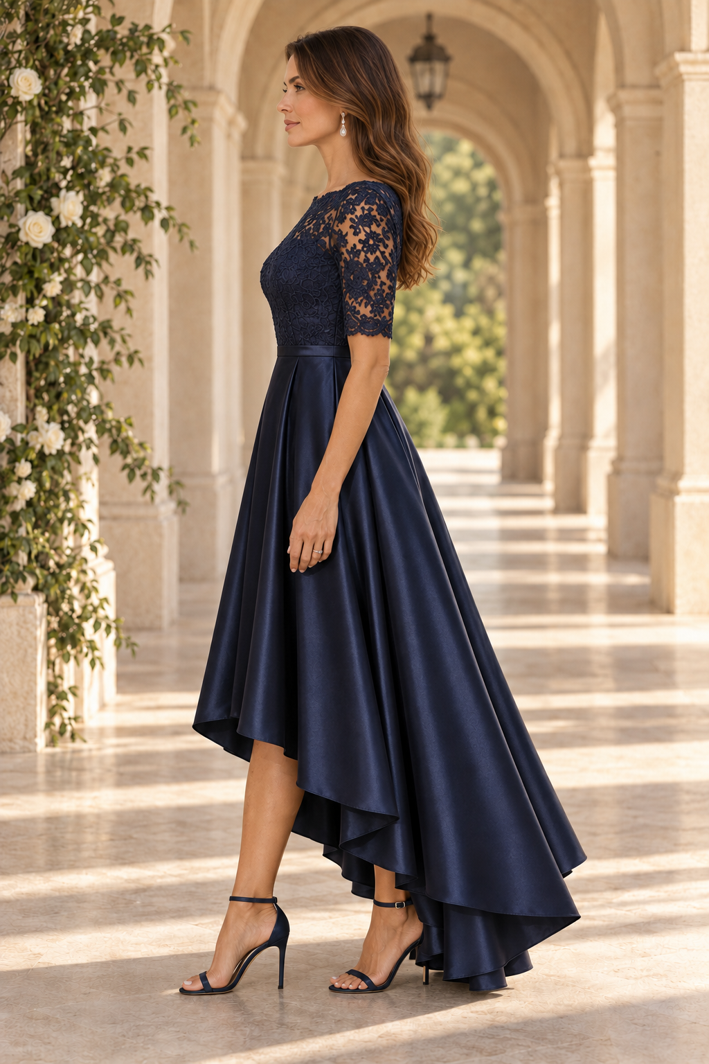 Lace Bodice High-Low Satin A-Line Dress