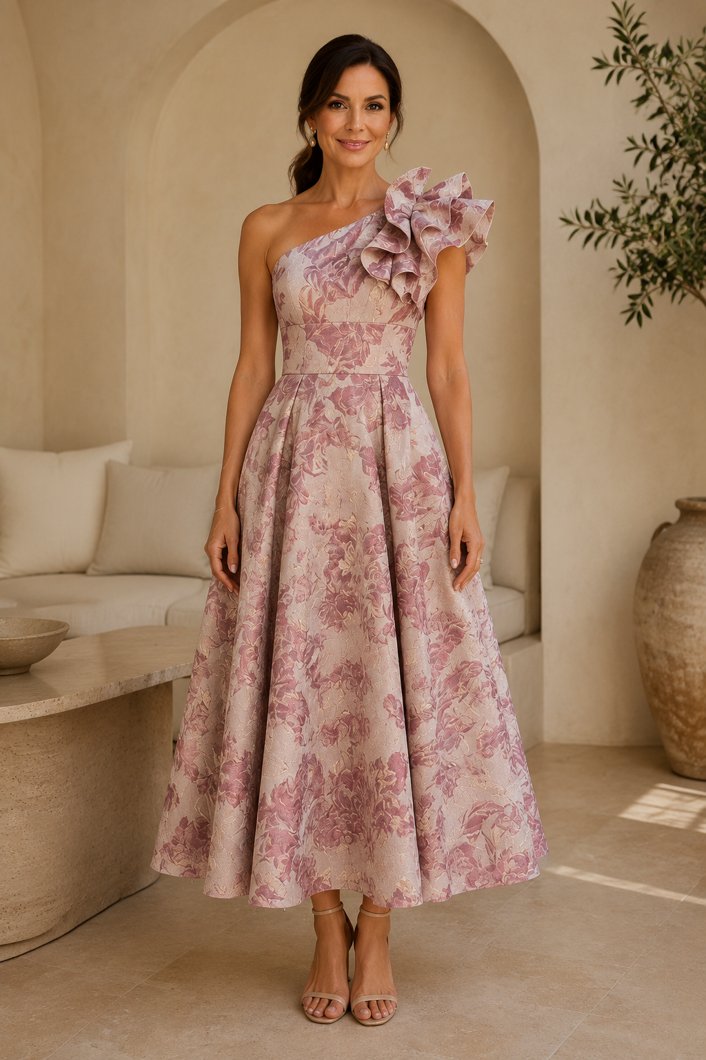 Vestido Midi de Jacquard Floral de un Solo Hombro con Volantes