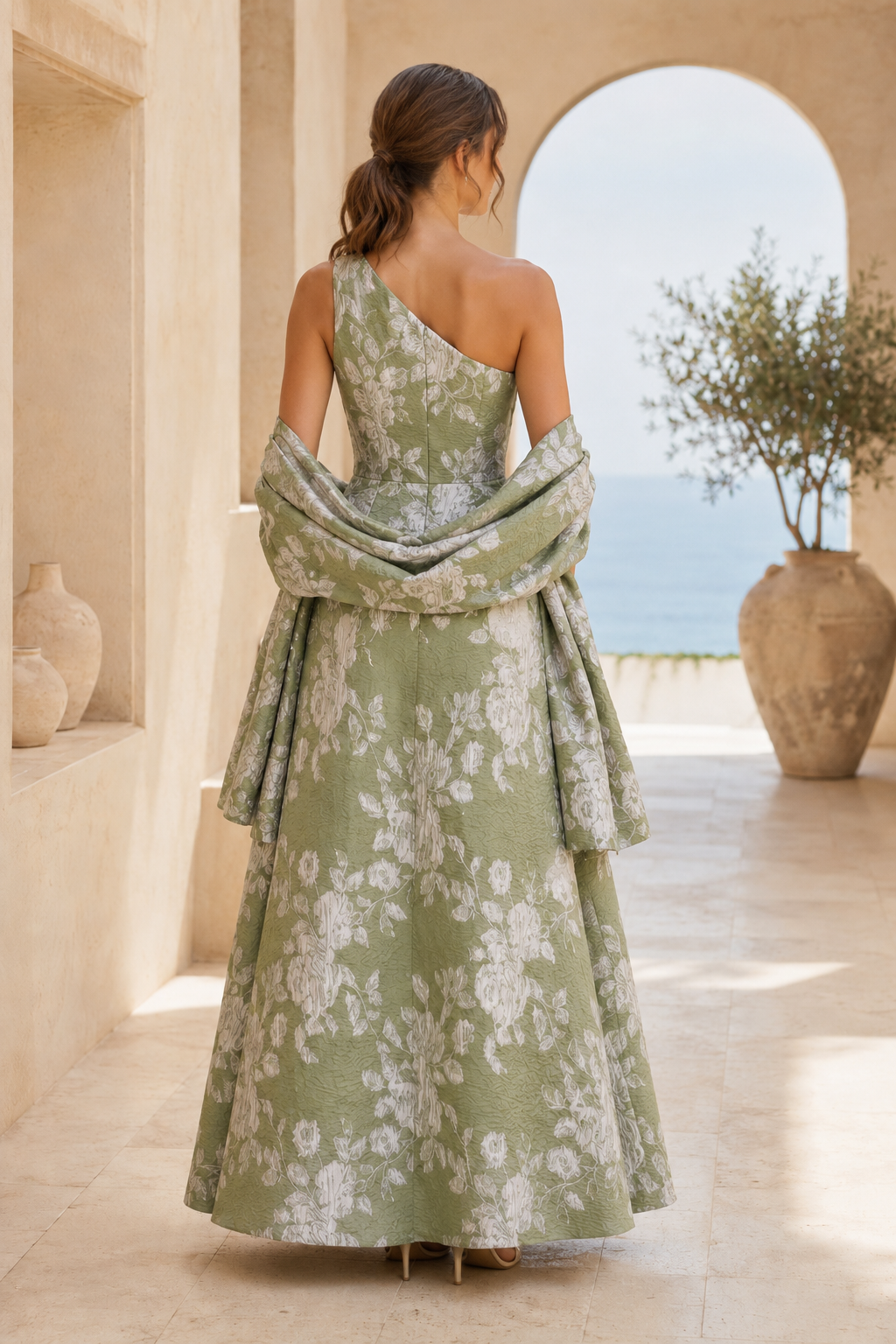 Vestido de jacquard floral con silueta A y un solo hombro con chal a juego