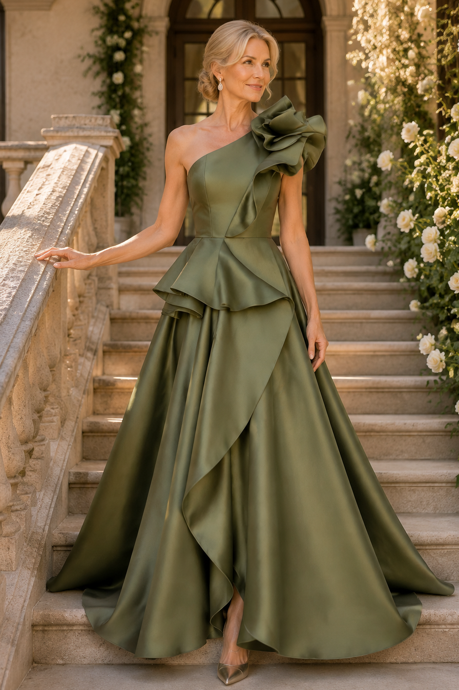 Vestido de raso acampanado con peplum y un solo hombro