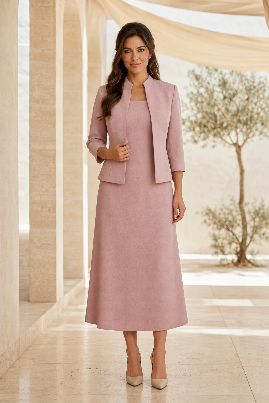 Vestido midi de dos piezas con falda acampanada y chaqueta de manga tres cuartos
