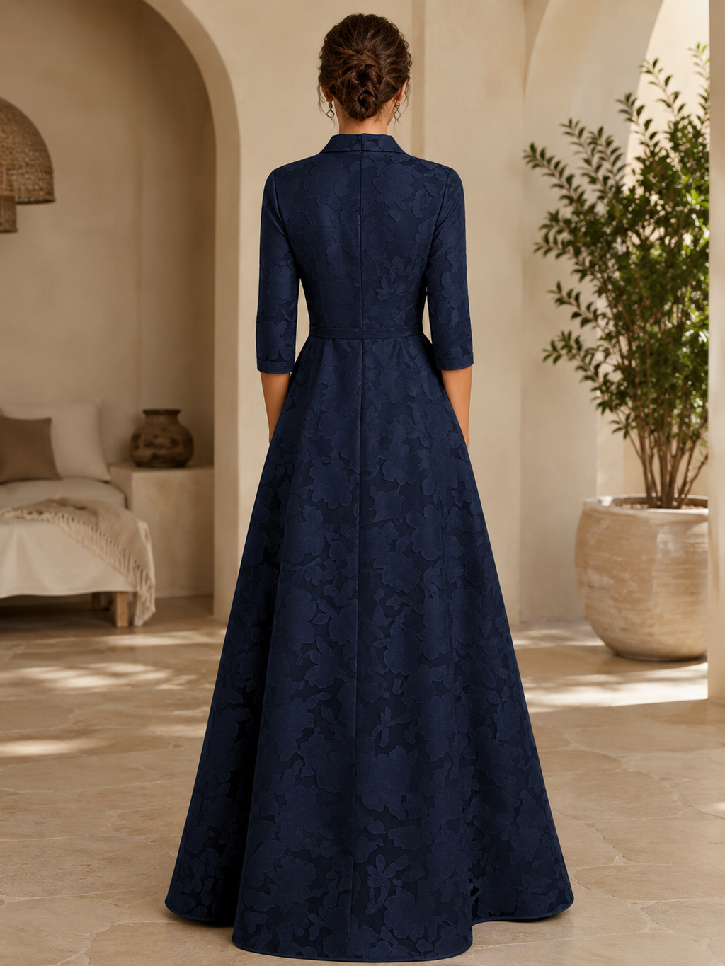 Vestido largo acampanado con cuello, escote en V, manga francesa y cinturón